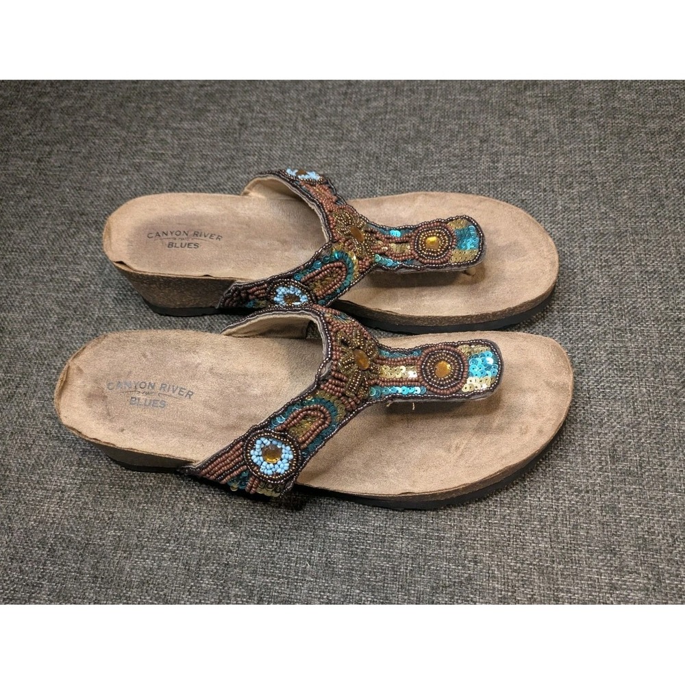 Canyon River Blues Floral Abstract Leather Sandals Slip On Women's Size 10 US